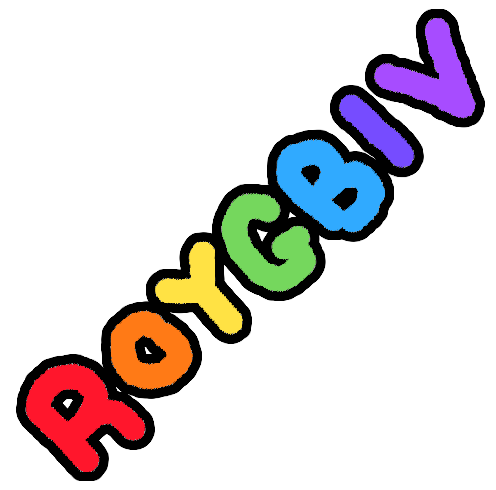 the letters R, O, Y, G, B, I, and V. R is coloured red, O is coloured orange, Y is coloured yellow, G is coloured green, B is coloured blue, I is coloured indigo, and V is coloured violet. Each letter is outlined in black, and the entire string of letters is outlined in white.
